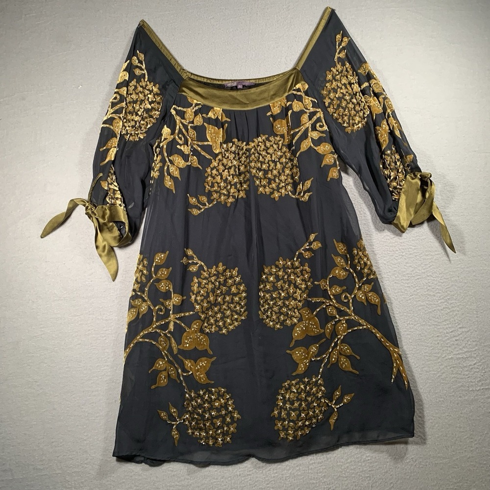 Hale Bob Dress Medium Navy / Green Silk Velvet Burnout Beaded Boho Mini Dress